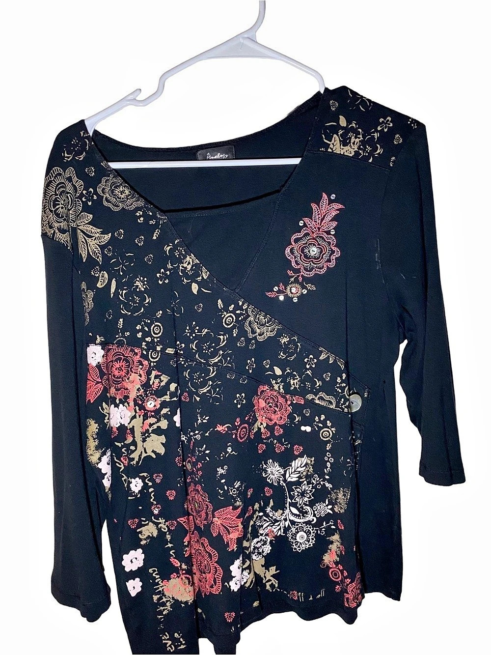Analogy Y2K Black Floral Embroidered Asymmetrical Top M